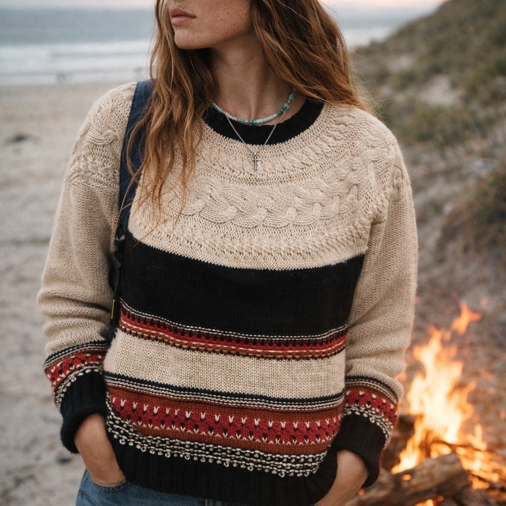 Boho Fair Isle Cable Knit Sweater Earthy Striped Textured Western Women’s M